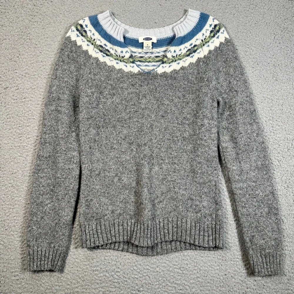 Old Navy Lambswool Fair Isle Sweater Womens M Gray Nordic Cabincore Cozy Knit